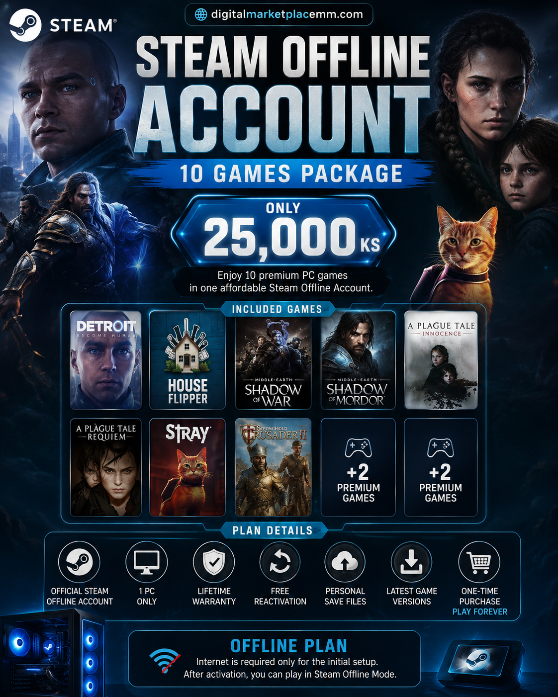 🎮 Steam Offline Account – 10 Games Package