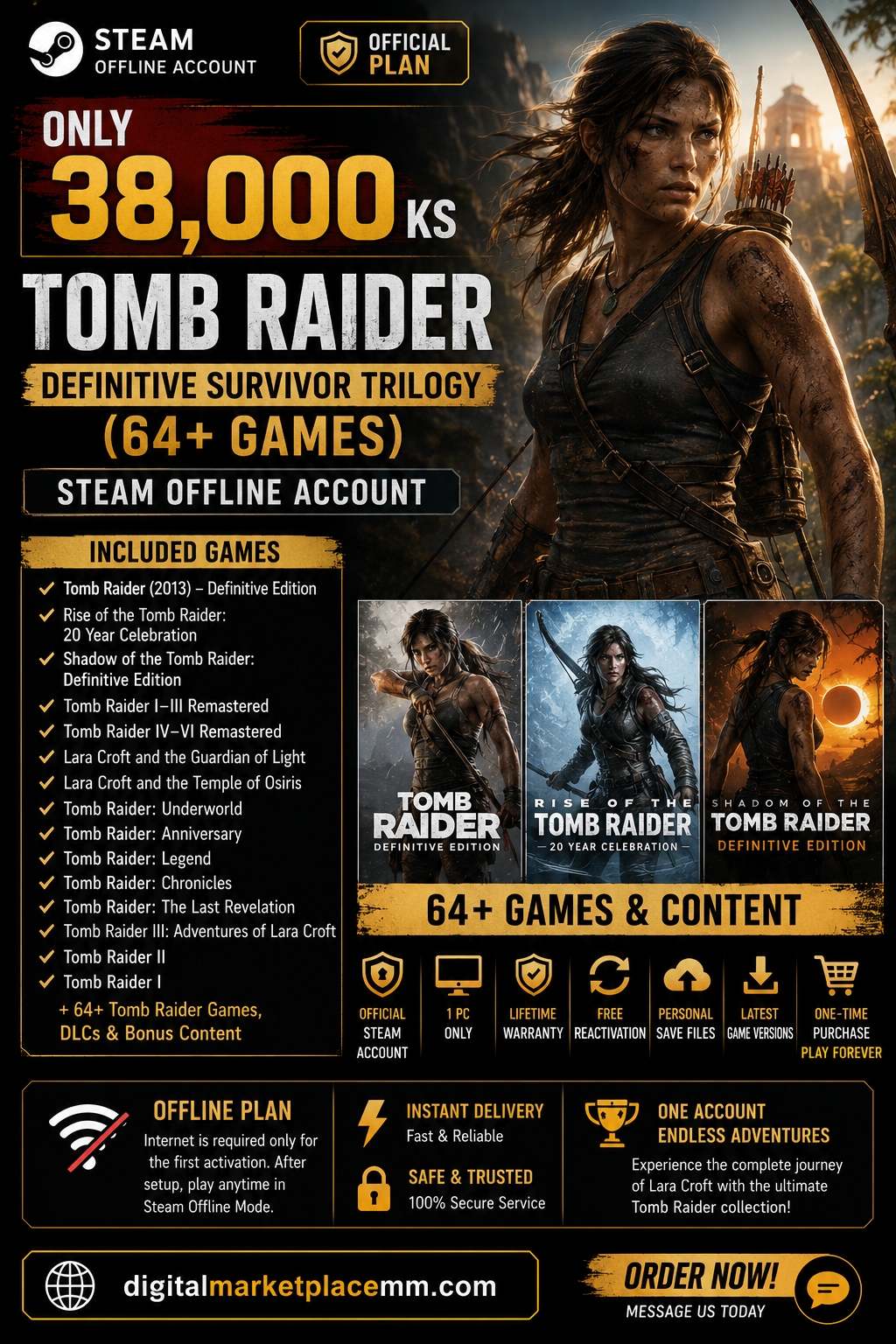 🎮 Tomb Raider Definitive Survivor Trilogy (64+ Games) Steam Offline Account